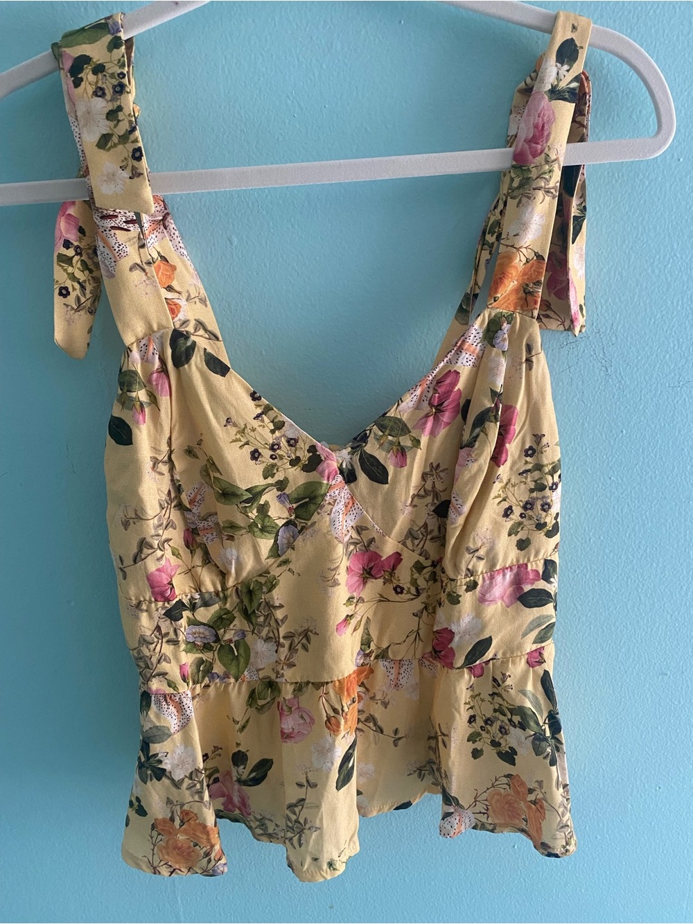 Yellow Floral Tie-Strap V-Neck Peplum Tank Top